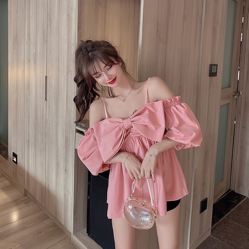 Áo Kiểu Voan Babydoll Trễ Vai Hot Trend Nơ Ngực Xinh Xắn TTSA0654
