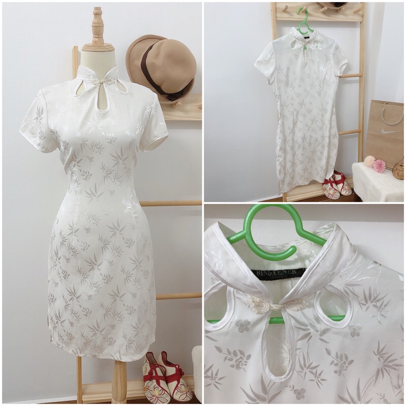 Sườn xám tone trắng be thanh lịch dưới 60 kg