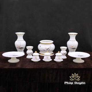 Đồ Thờ Sứ Cao Cấp Nhập Khẩu Trắng Viền Vàng Hoa Sen Hồng gồm Bát hương, ly nước, mâm bồng, lọ hoa...