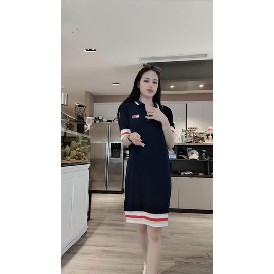Váy polo nữ đầm To.my than cổ bẻ kéo khóa phối sọc chất cotton pony cá sấu mềm mát