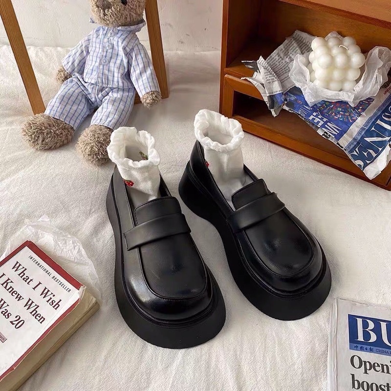 Giày oxford da trơn mũi tròn đế dày bánh mì phong cách Anh