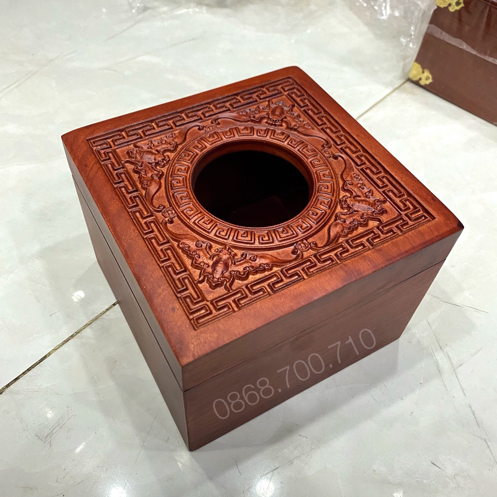 HỘP ĐỰNG GIẤY ĂN GỖ HƯƠNG KHỔ VUÔNG CHẠM TỨ RƠI
