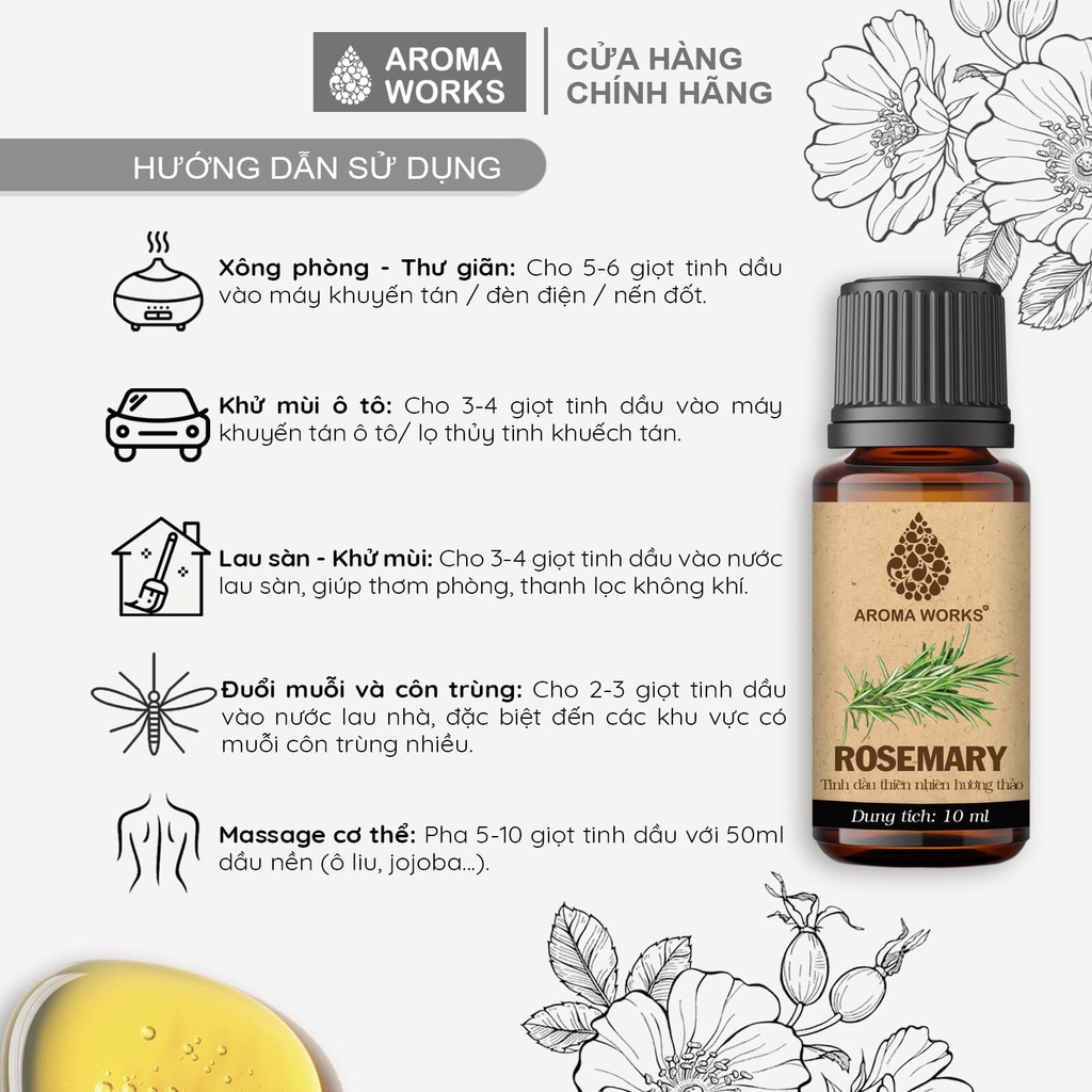 Tinh dầu Hương Thảo Aroma Works xông phòng, giúp dễ ngủ, đuổi muỗi, giải cảm, khử mùi - Rosemary