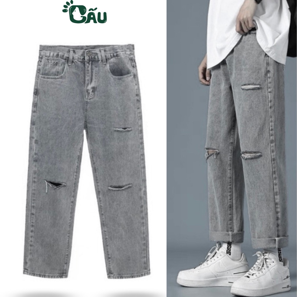 Quần baggy jean nam suông Gấu 194 vải jeans co dãn, dày dặn form slimfit - Jean Suông Xám Rách