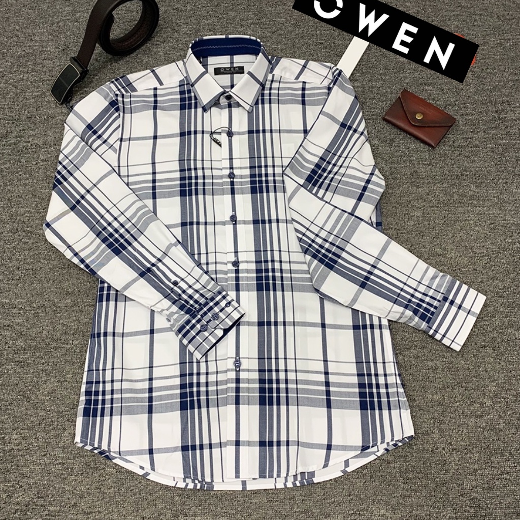 Áo sơ mi nam dài tay OWEN AR23385D somi công sở vải sợi tre cao cấp màu trắng kẻ caro navy dáng suông tà lượn không túi