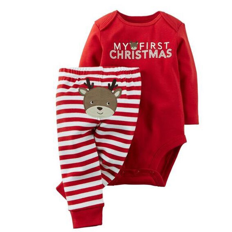 Bộ Áo Liền Quần + Quần Dài Kẻ Sọc In Chữ My First Christmas Cho Bé Trai / Gái