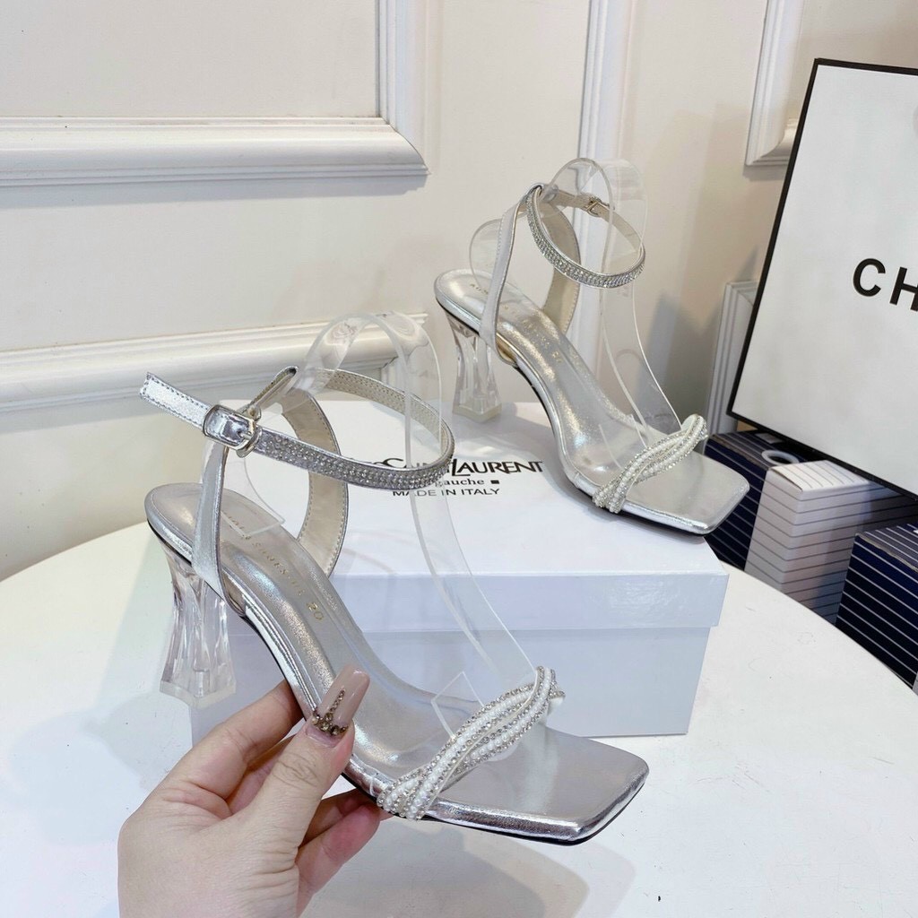 Dép sandal nữ quai ngang phối đá gót trụ 7 phân trong suốt cực xinh