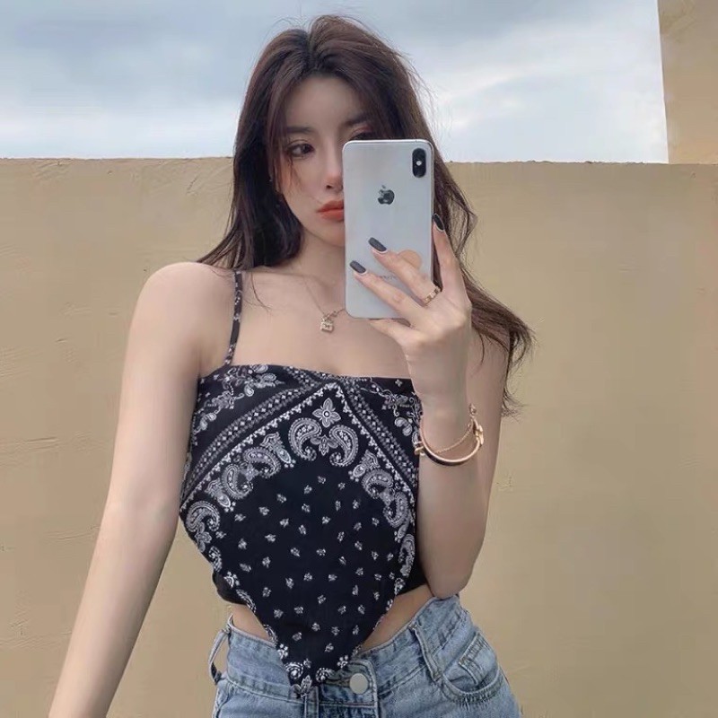 Áo hai dây croptop khăn bandana phối áo ống áo hai dây nữ dáng croptop mùa hè