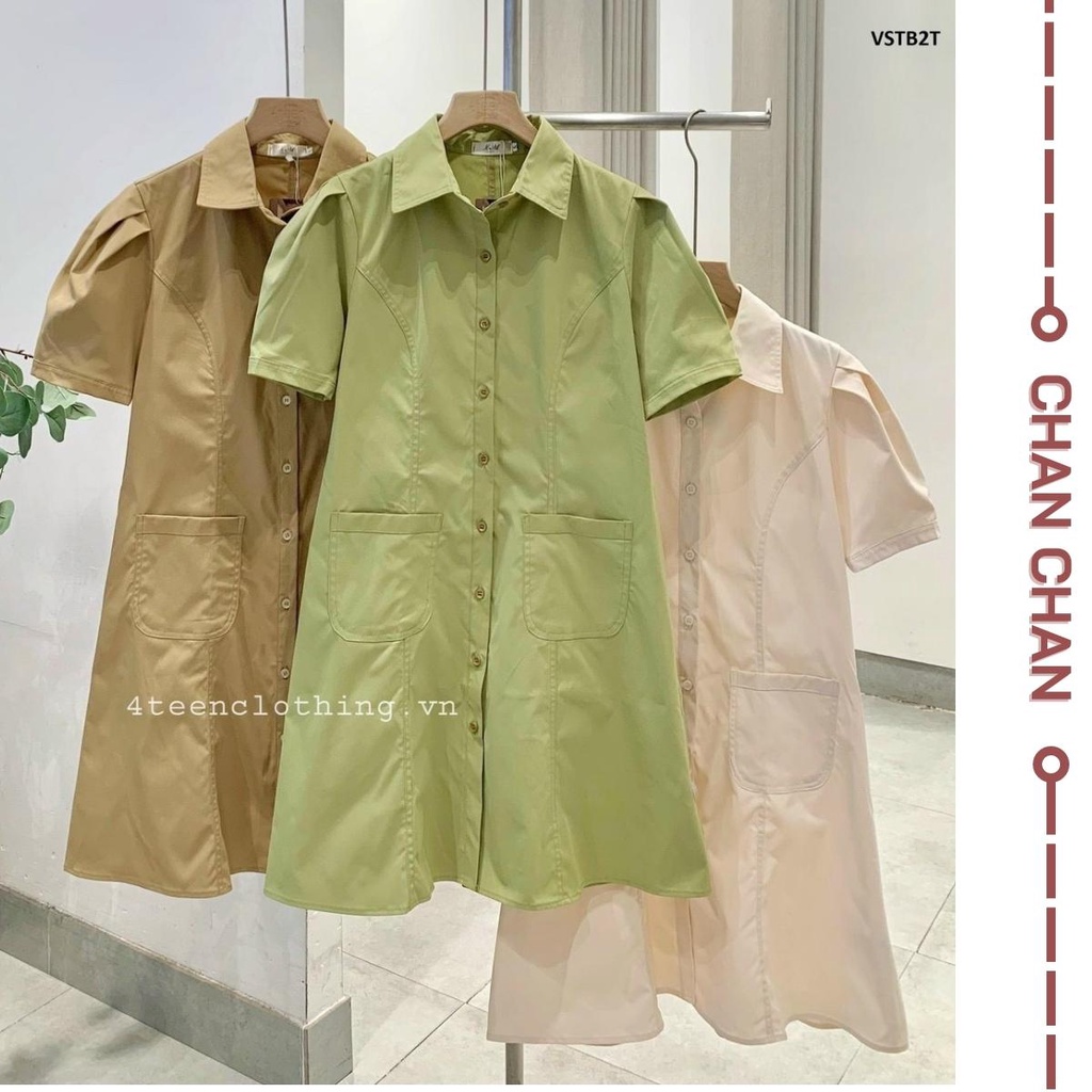 Váy Cổ Sơ Mi Túi Hộp Có Chun Lưng