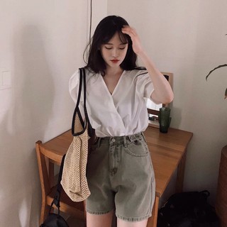 Áo sơ mi thô hàn cúc lệch tay bồng