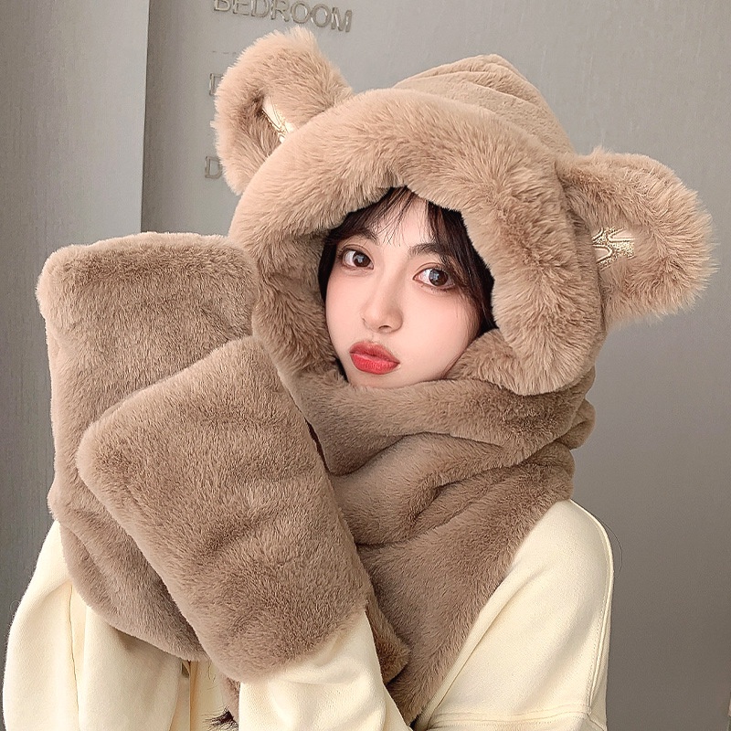 Mũ trùm đầu tích hợp khăn choàng giữ ấm tay thời trang mùa đông 2021 cho nữ