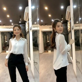 Áo Sơ Mi Trắng Dài Tay Phối Voan, Áo Nữ Công Sở Dễ Phối Đồ, Sơ Mi Kiểu Cách Đơn Giản A69