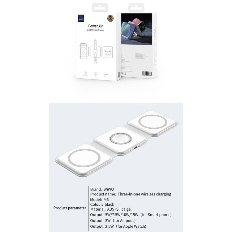 Đế sạc Wiwu 3 in 1 Power Air M6 , hút nam châm cho Đồng hồ thông mình Watch , Điện thoại 13 Max , Tai nghe