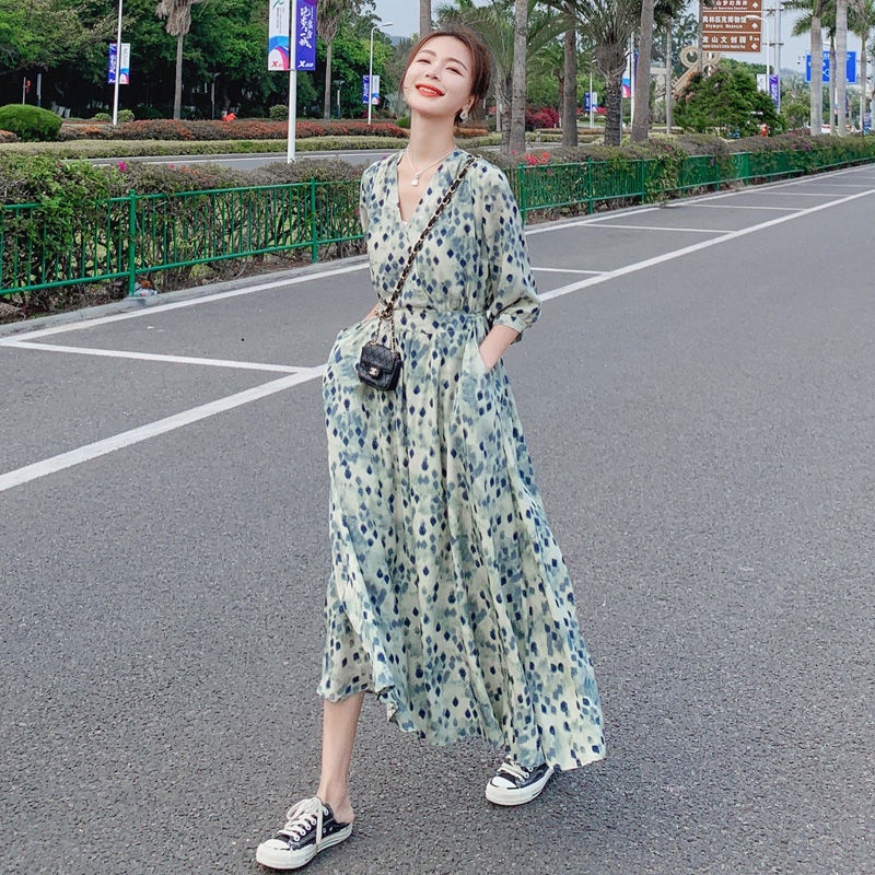 Đầm Hoa Dáng Dài Chiết Eo Phong Cách Pháp Thời Trang Mới Cho Nữ