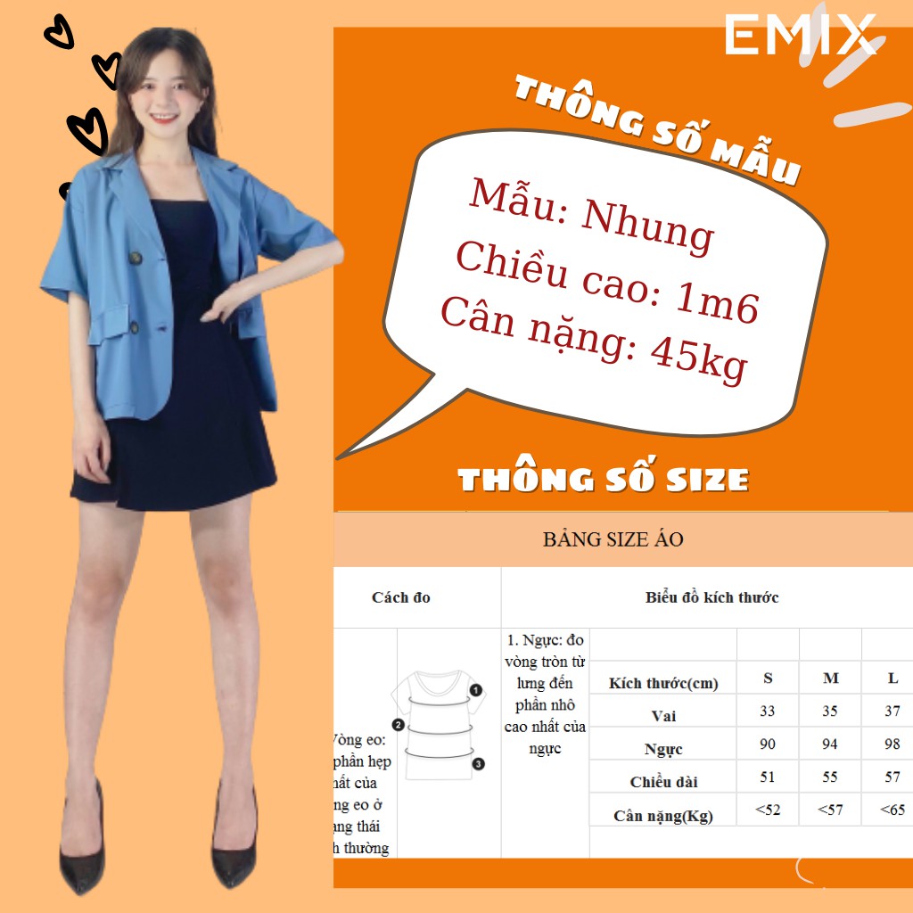 Áo khoác cổ vest EMIX (màu xanh), blazer, không có túi, cộc tay, form rộng, dáng dài, chất trượt hàn mềm mịn