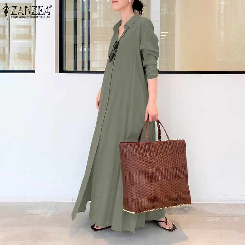 Zanzea Đầm Maxi Cotton Tay Dài Dáng Rộng Màu Trơn Cài Nút Thời Trang Cho Nữ