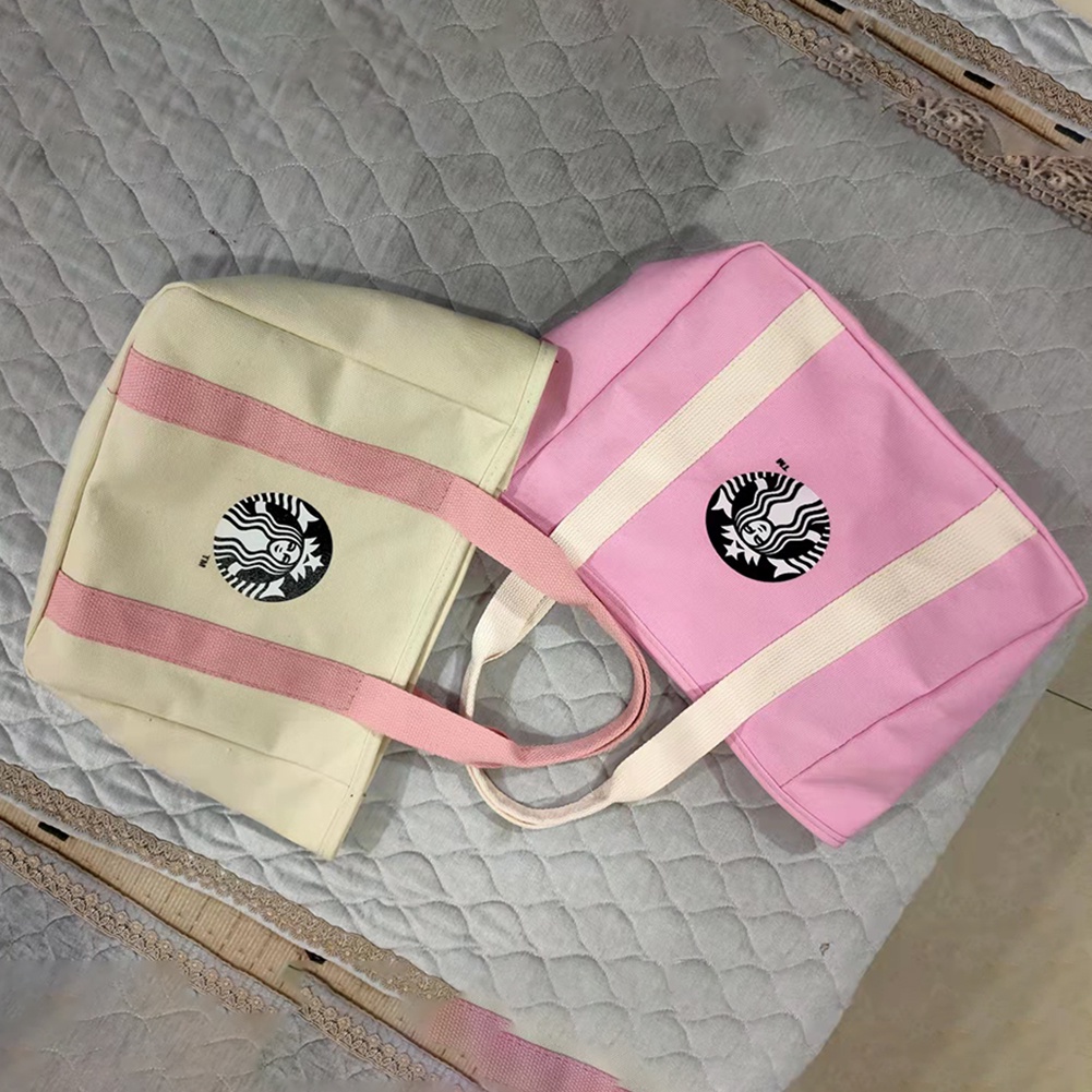 Túi tote vải canvas phối hình Starbucks sức chứa lớn dành cho hộp cơm trưa