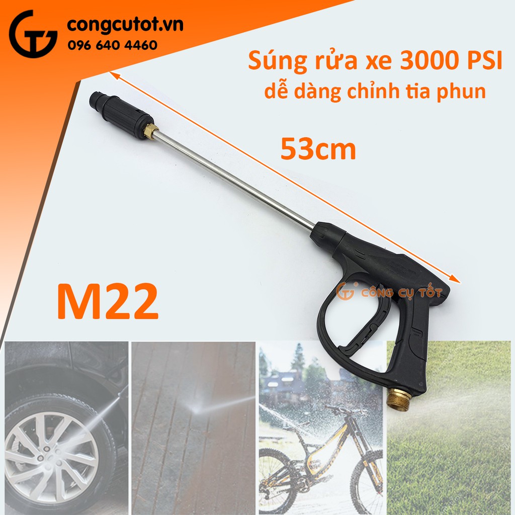 Súng rửa xe cao áp 3000psi mỏ vịt chỉnh tia dài 53cm ren ngoài to M22