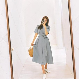 33555   Simple solid round neck short sleeves midi dress
