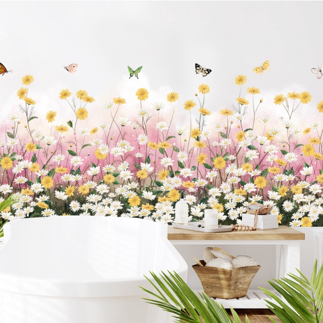 Decal trang trí tường - Chân tường hoa cúc trắng và hoa cúc vàng