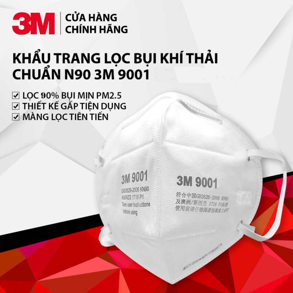 Khẩu Trang 3M 9001 Lọc 90% Bụi Mịn PM2.5 & Khí Thải Chuẩn N90 (1 cái)