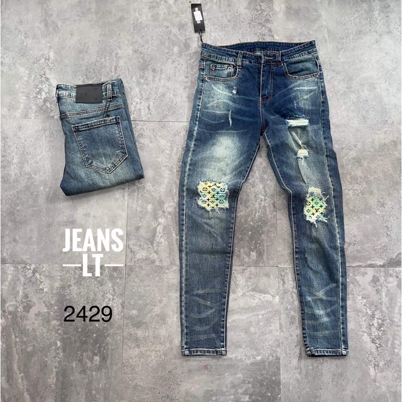 Quần bò LV rách vá gối khoá gấu 2227, quần jean nam rách gối ống côn
