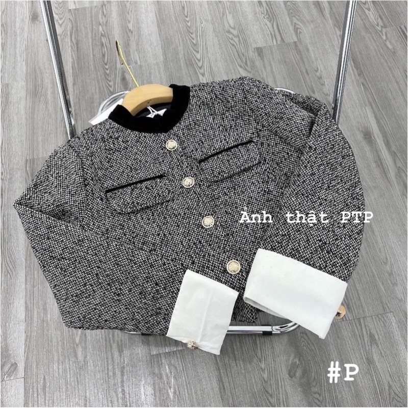 Áo dạ TWEED kẻ dọc cú túi nắp , Áo xương cá phối cổ tay trắng siêu hot