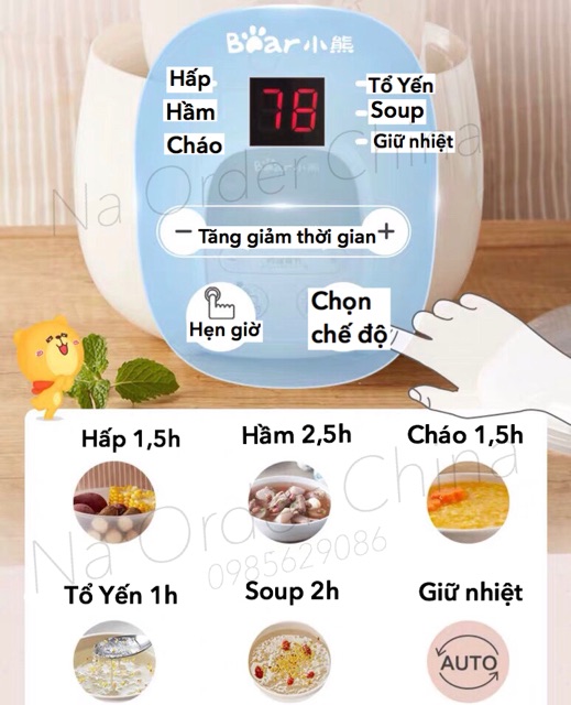 Nồi hầm - hấp cách thuỷ Bear 0.8L