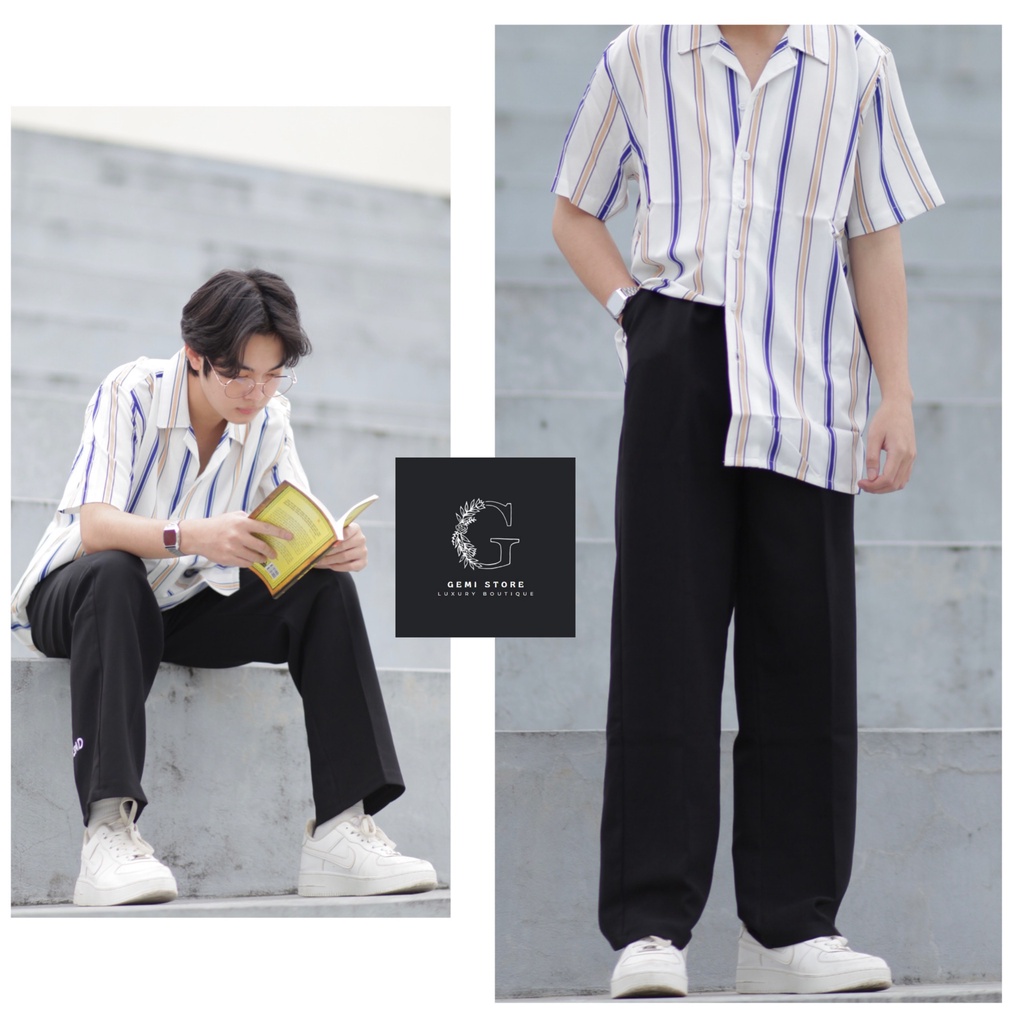 Quần Vải Suông Nam Nữ HAPPYORSAD Line Đen ( Line Pant MA99 Ống rộng )