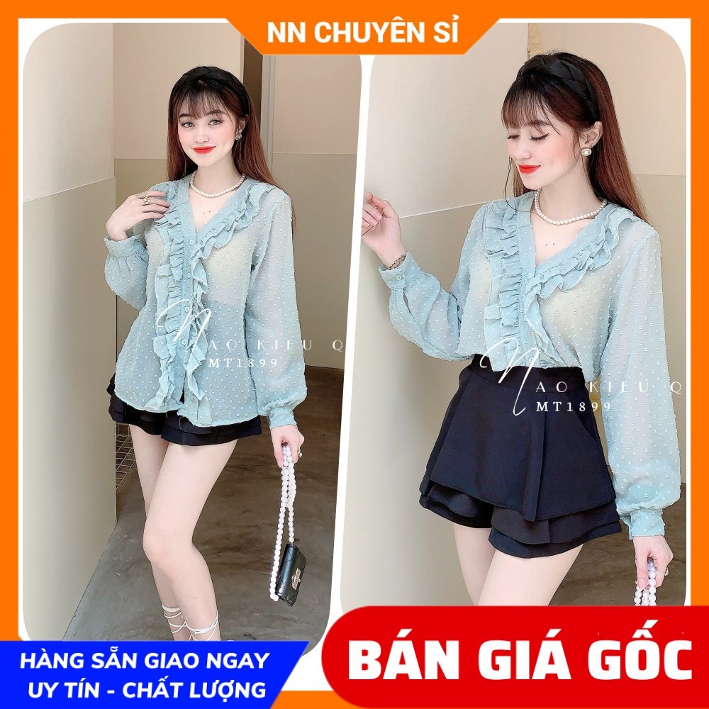 Áo kiểu nữ chất vải voan mềm mát cổ chữ V tay dài phối bèo dễ thương MT1899