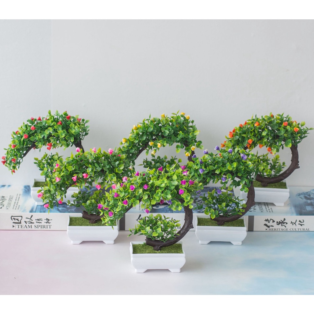 CÂY GIẢ BONSAI HOA HỒNG RỰC RỠ kèm chậu- Chậu cây Phú Quý Cát Tường, trang trí, để bàn - Hoa giả