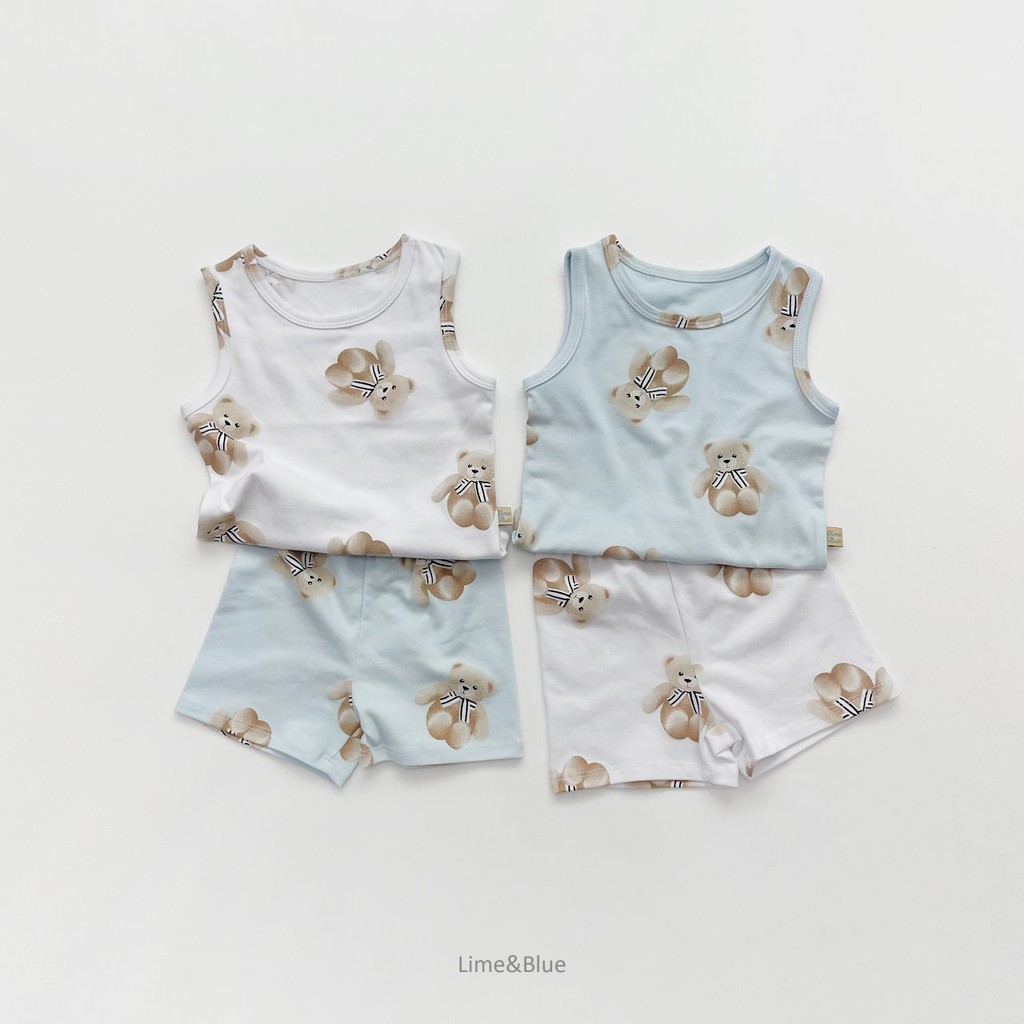 Bộ ba lỗ gấu Teddy quần áo trẻ em Hàn Quốc cao cấp Lime & Blue