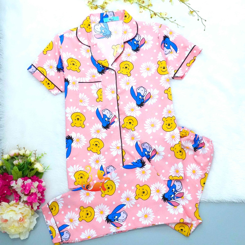 Đồ Bộ Mặc Nhà "Gấu Pu - Hoa Cúc" Pijama Kate Thái Quần Dài - Dưới 60kg.