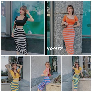 SET ÁO CỔ VUÔNG PHỐI CHÂN VÁY SỌC