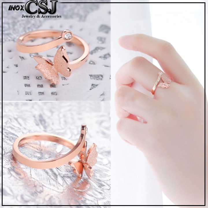 NHẪN TITAN CON BƯỚM PHUN CÁT FREE SIZE MÀU HỒNG siêu cute - tặng hộp đựng xinh xắn