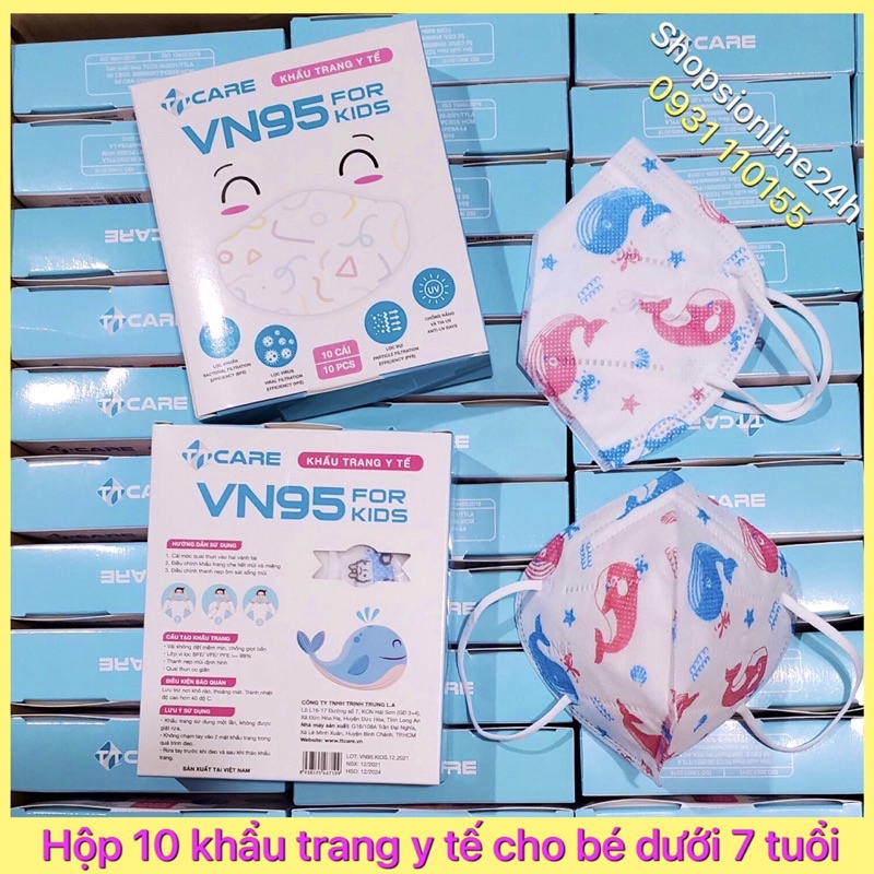 ✅ Hộp 10 cái khẩu trang y tế kháng khuẩn cho bé N95 VN95 TTcare cao cấp hình Cá Với