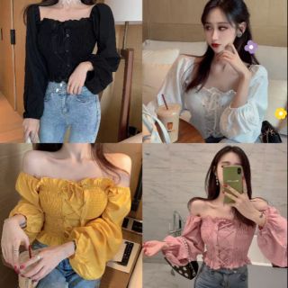 Sẵn áo kiểu trễ vai croptop đan dây
