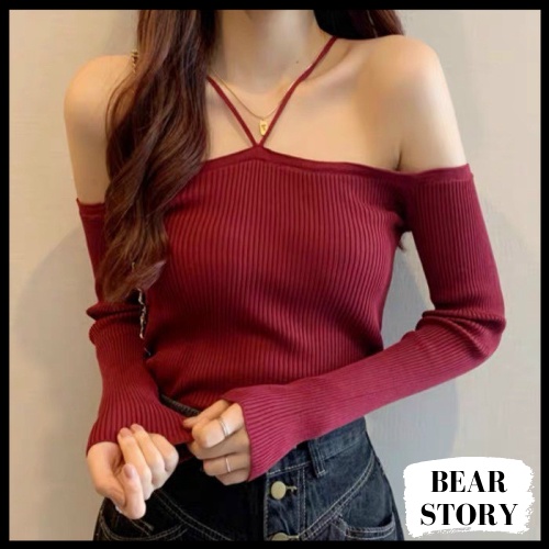 Áo Croptop Trễ Vai Kiểu Yếm Phối Dây Chéo Cổ| trễ vai Chất Thun gân không xù lông Hàn Quốc - AK0080  | bear.story