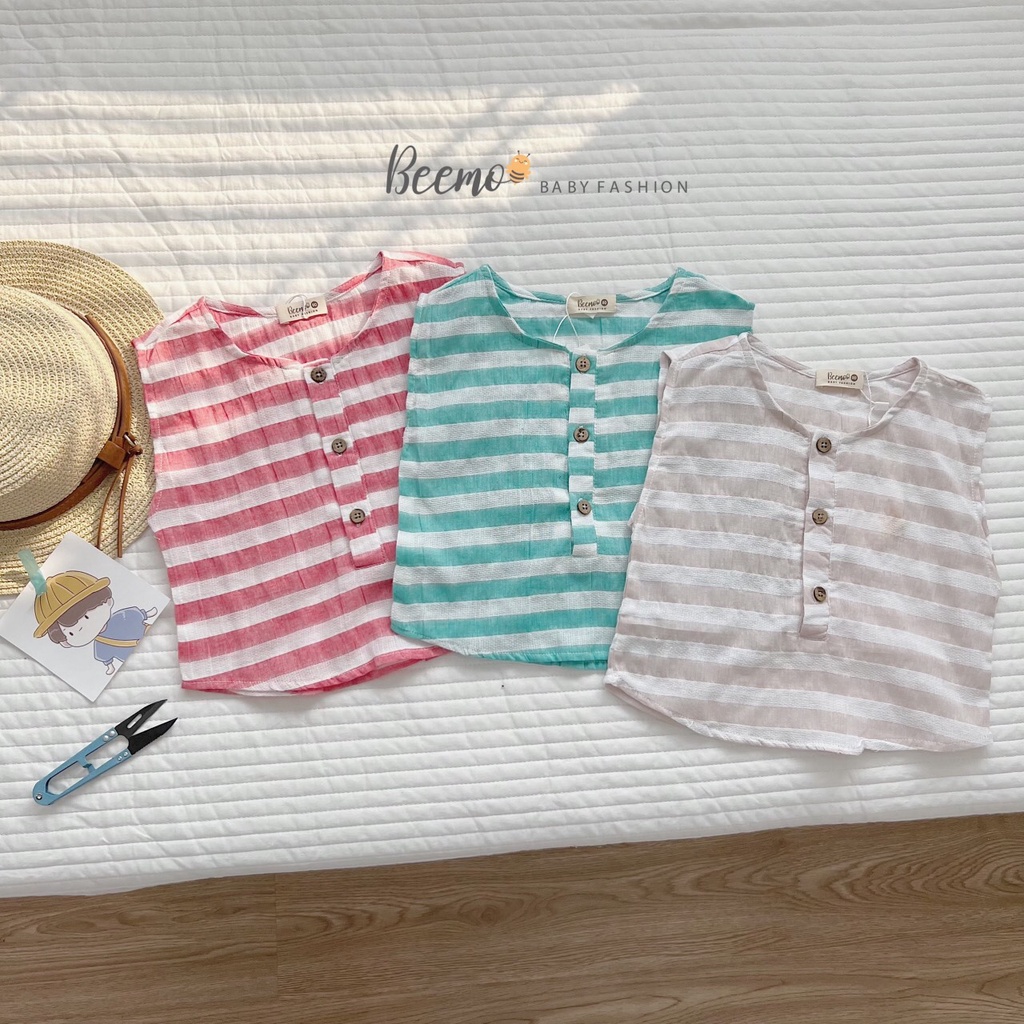 Bộ set quần áo Beemo vải đũi Hàn sát nách kẻ ngang mặc hè 3 màu cho bé trai,bé gái từ 1 đến 6 tuổi 22107B