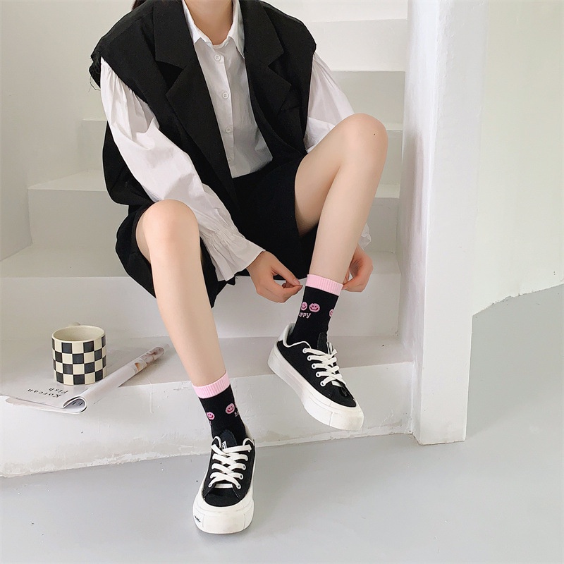 Vớ tất mặt cười happy viền cổ màu