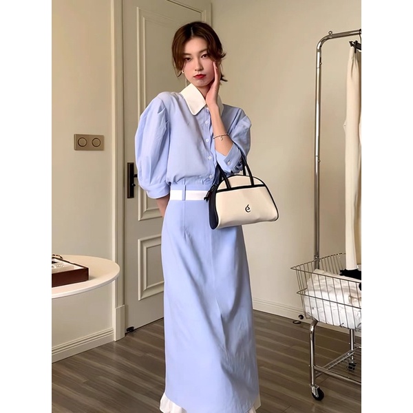 Set áo sơ mi ngắn tay chân váy midi phối bèo
