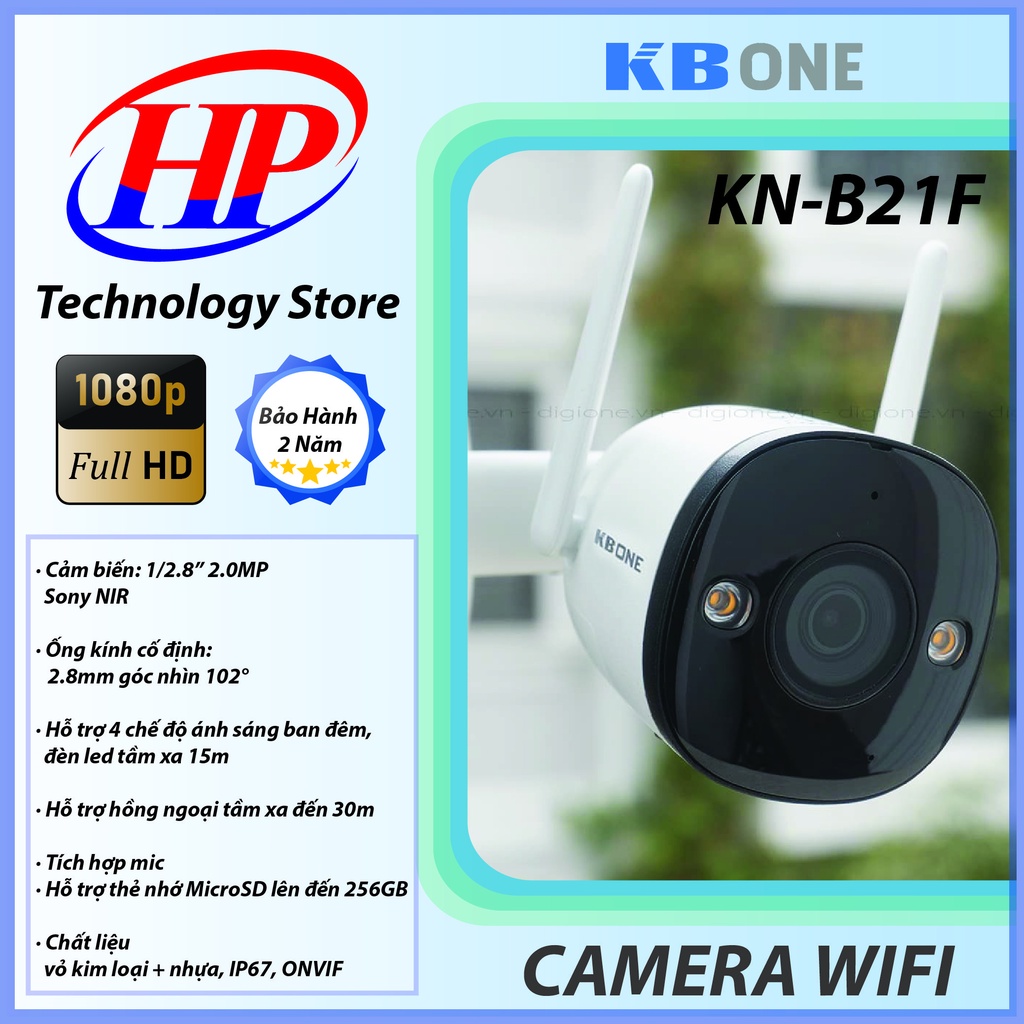 Camera IP WIFI NGOÀI TRỜI KBONE KN-B21F Full Color 2MP, Tích Hợp Mic Thu Âm, Ban Đêm Có Màu-Chính Hãng- Bảo Hành 2 Năm