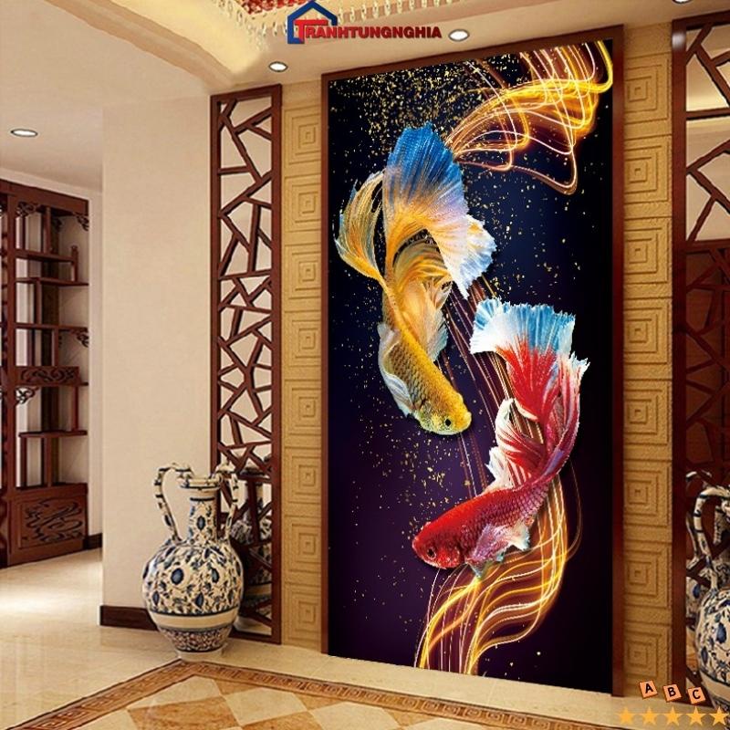 Tranh đính đá, tranh thêu chữ thập cá chép hóa rồng