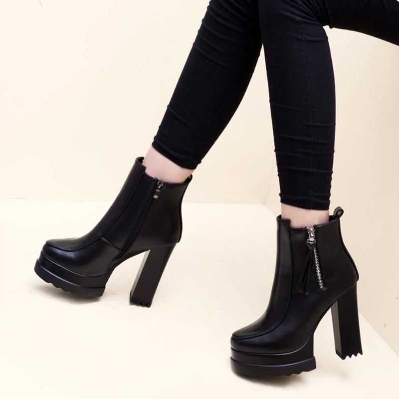 ✟❡✓small short boots plus velvet winter thick heel high heels 10-12cm super women s shoes 34 size black 2020 new