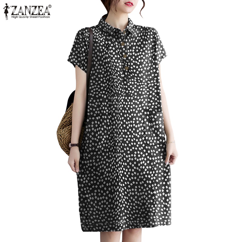 Đầm mini ZANZEA tay phồng dáng ngắn cổ bẻ in họa tiết phong cách vintage cho nữ