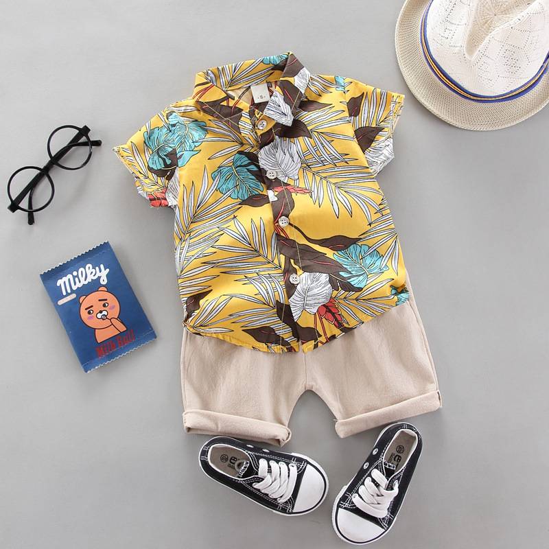 0-5 tuổi Chàng trai Thời trang Mùa hè Trẻ em Lapel Bộ đồ ngắn tay Boy Lá Hoa văn Áo sơ mi ngắn tay + Quần short 2 mảnh Set