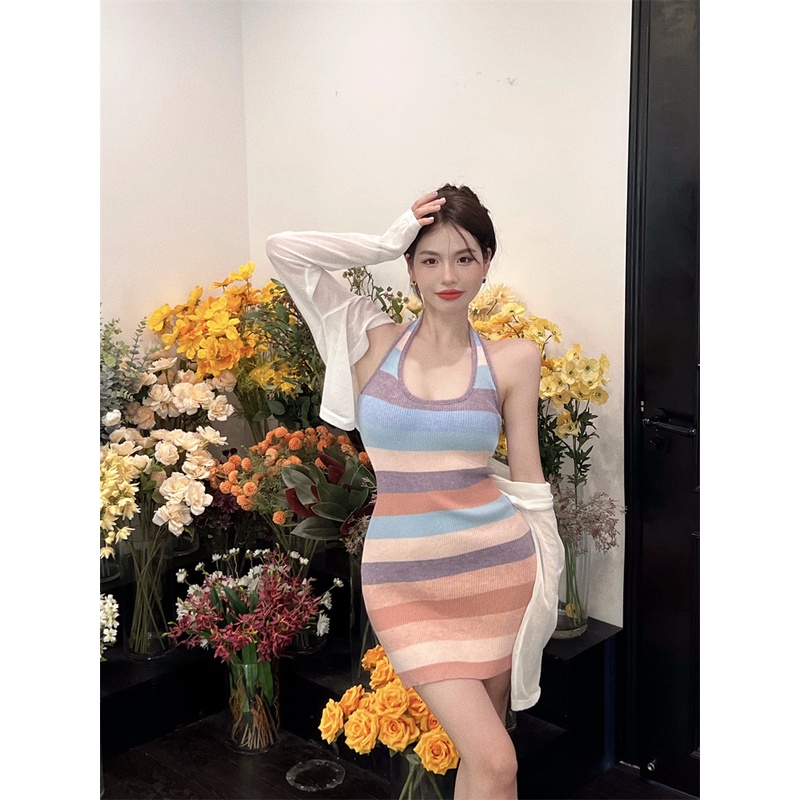 Bộ Áo Khoác cardigan Cổ Tròn + Đầm Hai Dây Dệt Kim Chống Nắng Thời Trang Mùa Hè Phong Cách Hàn Quốc Cho Nữ