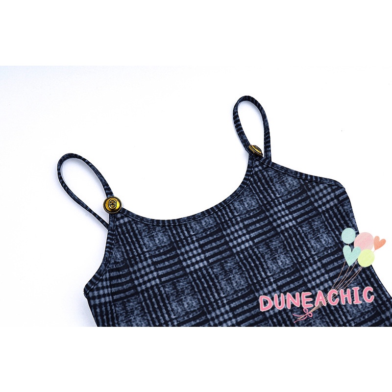 DUNEA Đầm hai dây hở lưng họa tiết sọc caro phong cách cổ điển