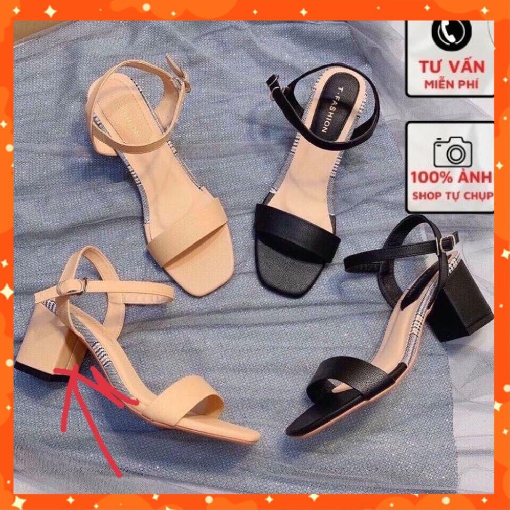 Sandal quai mảnh  phối màu gót vuông 5Phân da lì Mã M5