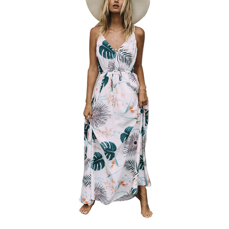 Xiangbao Đầm Maxi Dáng Dài In Họa Tiết Lông Vũ Nhiệt Đới Phong Cách Bohemian Dân Tộc